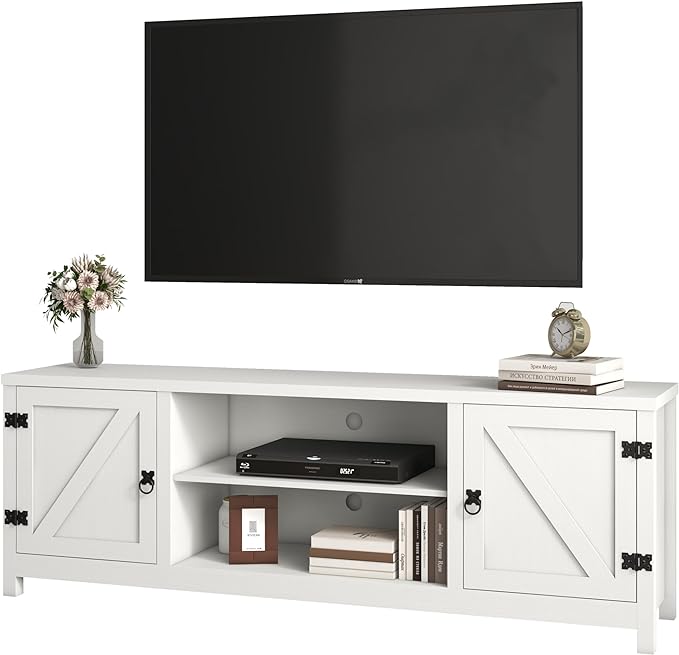 Panana Modern Farmhouse TV Stand, Entertainment Center for 70 inch TV with 2 Doors and Open Shelves for Living Room, Bedroom (White, 65 inch) - LeafyLoom