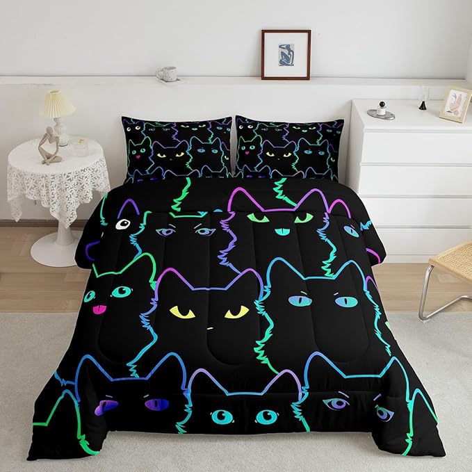 Erosebridal Cute Cat Kids Comforter Neon Rainbow Line Cat King Bedding Set for Boys Girls Teen Cartoon Kawaii Cats Toddler Bed Set Colorful Animals Quilt Set Reversible Black,2 Pillow Cases - LeafyLoom