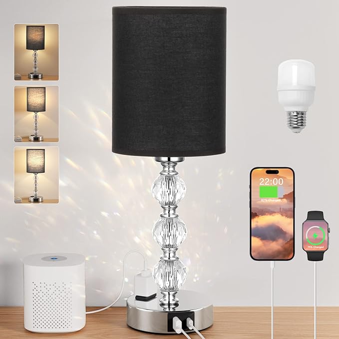 Black Touch Bedside Lamps for Bedrooms - Crystal Table Lamp with USB C+A Charging Port and AC Outlet Nightstand, 3 Way Dimmable Silver Small End Side Table Lamp for Living/Guest/Dinning Room/Kitchen - LeafyLoom