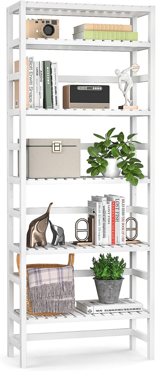 Homykic Bookshelf, 6-Tier Bamboo Adjustable 63.4” Tall Bookcase Book Shelf Organizer Free Standing Storage Shelving Unit for Living Room, Kitchen, Bedroom, Bathroom, Office, Rust Resistance, White - LeafyLoom