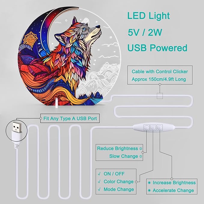 Cute Wolf Decor Night Light USB Powered LED Night Lights for Kids Bedroom 7 Colors LED Lamp Wooden Night Lamp for Room Decor Aesthetic - LeafyLoom