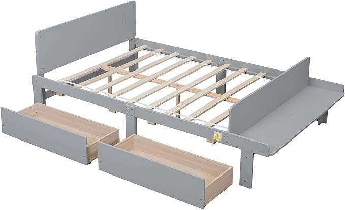 Dolonm Full Bed Frames for Kids with 2 Drawers, Storage Platform Bed with Footboard Bench, Twin Kids Bed Headboard Frame Pine Wood, High Stable, No Box Spring Needed, Twin Bed for Kids, Grey - LeafyLoom