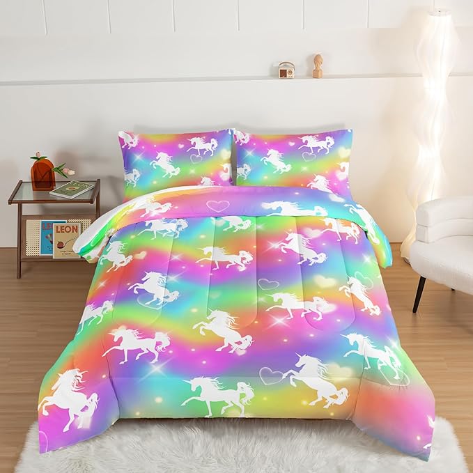 HOSIMA Unicorn Bedding 3pcs Rainbow Comforter Set with 2 Pillowcases,Sparkle Stars Twin Bed in a Bag Sets for Adults Teen Girls,Cute Rainbow Unicorn Twin Comforter Princess Toddler Bedding Set. - LeafyLoom