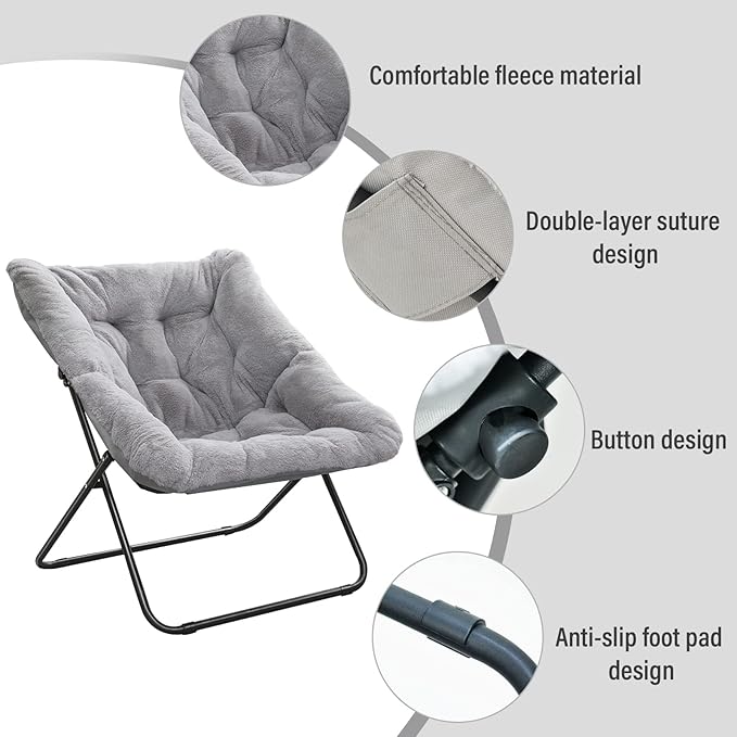 Tiita Comfy Saucer Chair, Soft Faux Fur Oversized Folding Accent Chair, Lounge Lazy Chair for Kids Teens Adults, Metal Frame Moon Chair for Bedroom, Living Room, Dorm Rooms, X-Large, Grey - LeafyLoom