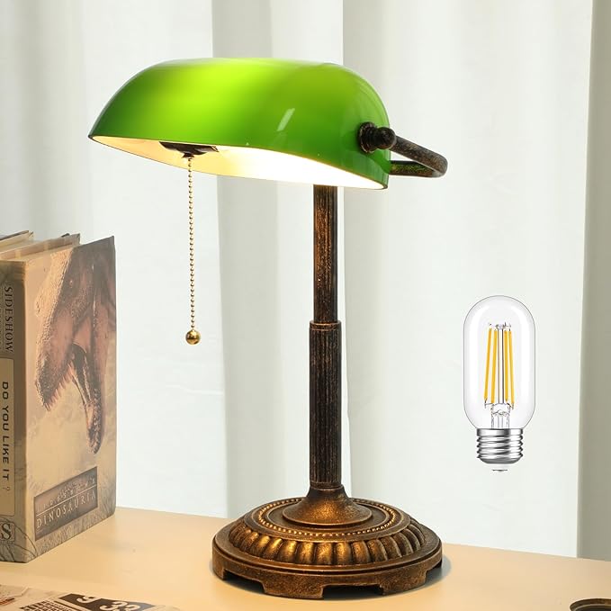 Bankers Lamp, Green Desk Lamp with Pull Switch, Vintage Table Lamps for Home Office, Library, Piano LED Bulb Included (Green) - LeafyLoom