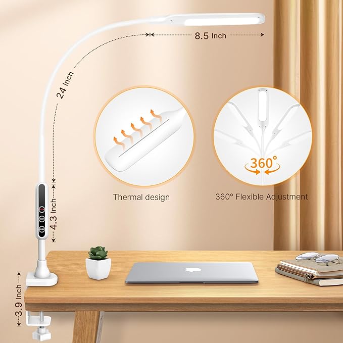 LED Desk Lamp with Clamp, Workbench Light, 10W Eye-Caring Desk Lights, 5 Brightness Levels with Remote Control, Flexible Gooseneck Task Lamp for Office Work Drawing Study Lamp (White) - LeafyLoom