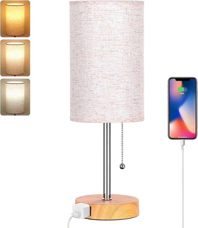 Dott Arts Table Lamp for Bedroom, 3-Color Bedside Lamps with Pull Chain, Bedroom Table Lamps for Nightstand,Small Lamp for Living Room, Bulb Included Oatmeal - LeafyLoom