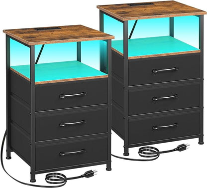 Nightstands Set of 2, Large End Tables Living Room, Bed Side Tables with Charging Station, 24.7" Tall Night Stand with 3 Fabric Drawers and LED Light Strip for Bedroom HNS013BR - LeafyLoom