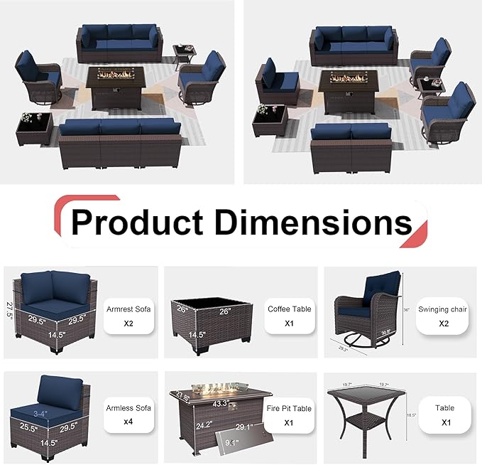 Patio Furniture Sectional Sofa Set 11PCS PE Rattan Swivel Rocking Chairs Patio Conversation Set w/43in Gas Fire Pit Table, Outdoor Furniture with 55000 BTU Propane Fire Pit, Navy Blue - LeafyLoom