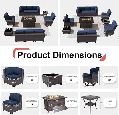 Patio Furniture Sectional Sofa Set 11PCS PE Rattan Swivel Rocking Chairs Patio Conversation Set w/43in Gas Fire Pit Table, Outdoor Furniture with 55000 BTU Propane Fire Pit, Navy Blue - LeafyLoom