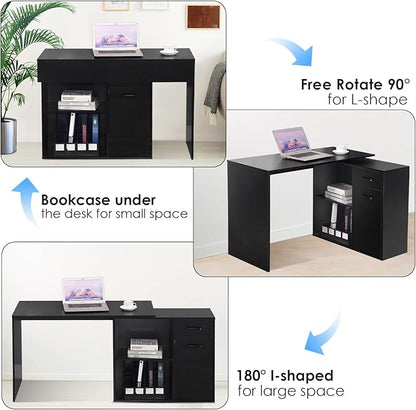 L-Shaped Rotating Computer Desk with Storage Shelves 68 inch Home Office Desk Corner with Drawers and File Cabinet Multipurpose Study Writing Table for Bedroom Small Space Black - LeafyLoom