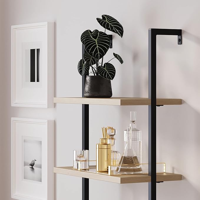 Nathan James Theo Ladder 3 tier Open Bookshelf with Rattan Drawers and Matte Steel Frame, Light Oak/Black - LeafyLoom