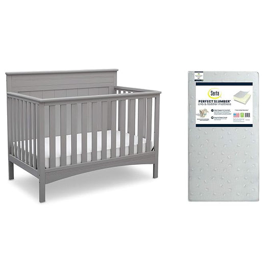 Delta Children Fancy 4-in-1 Crib, Grey + Serta Perfect Slumber Dual Sided Recycled Fiber Core Crib and Toddler Mattress (Bundle) - LeafyLoom