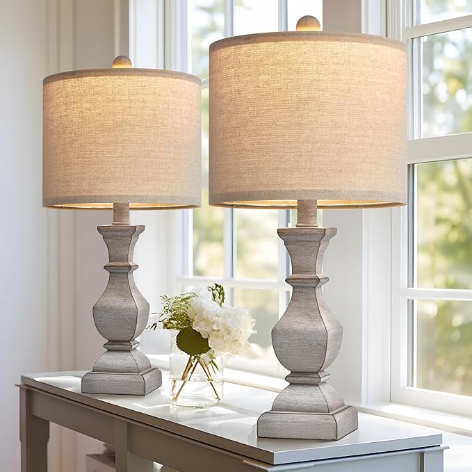 PoKat 20.5'' Table Lamps Set of 2, Vintage Bedside Lamps for Bedroom, Farmhouse Lamp for Living Room, Small Lamp for Nightstand, Retro Side Table Lamp, Grey - LeafyLoom