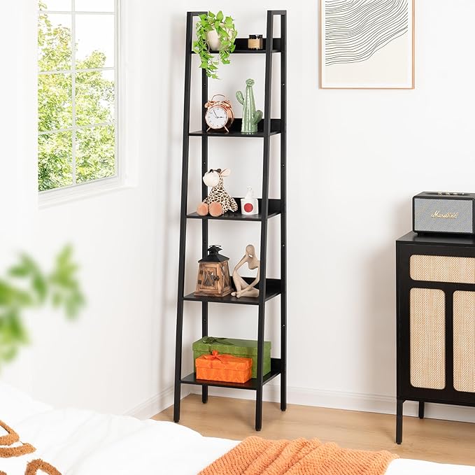 Yoobure Ladder Shelf, 5 Tier Tall Ladder Bookshelf Corner Shelf, Industrial Book Shelf Ladder Bookcase Narrow, Standing Storage Shelves Display Shelf for Bedroom Living Room Office Kitchen Bathroom - LeafyLoom