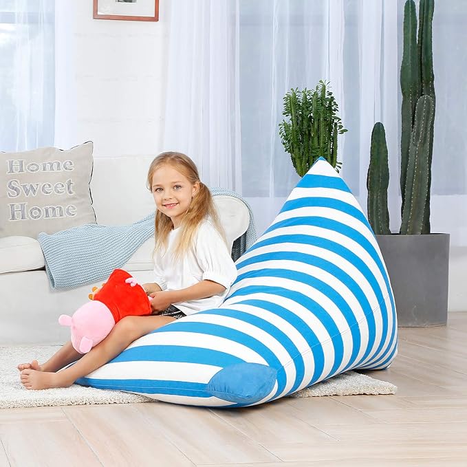 Aubliss Stuffed Animal Storage Bean Bag Chairs Cover, 50"x 35" Extra Large Bean Bags Chair for Kids & Adults, Beanbag Toy Storage for Boys Girls - Premium Cotton Canvas Blue Stripe - LeafyLoom