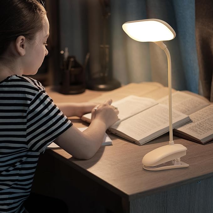 LED Desk Lamp with Clamp, Eye-Caring Clip on Lights for Home Office, 3000mAh Rechargeable Battery Operated Table Lamps,3 Lighting Modes & Brightness Dimmer Light for Kids Students - LeafyLoom