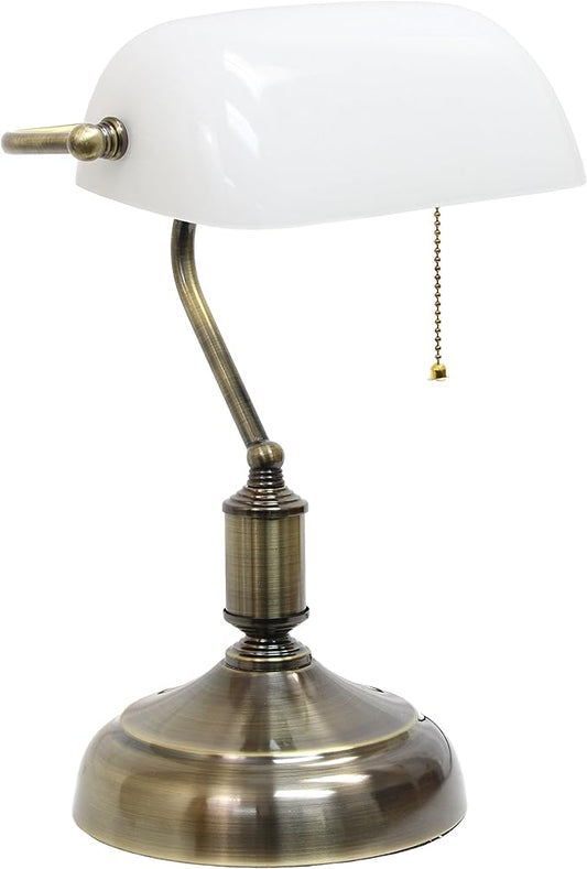 Simple Designs LT3216-WHT Executive Banker's Desk Lamp with Glass Shade, White, Antique Nickel/White, 10 x 8.66 x 14.75 - LeafyLoom