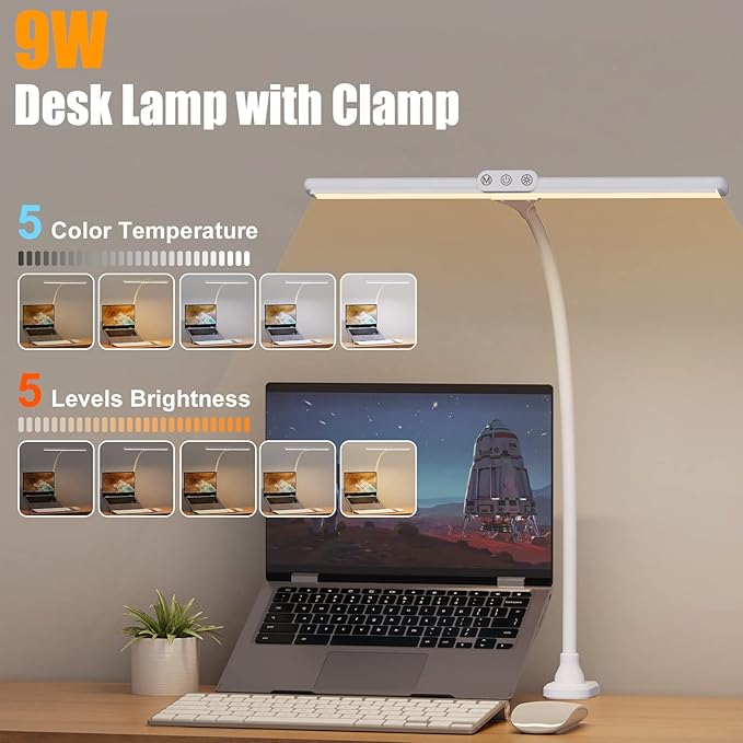 LED Desk Lamp with Clamp, Tall Desk Light with Gooseneck, Office Lighting for Desk, Task Lamp Touch Control, 9W Study Lamp for Home Office (White) - LeafyLoom