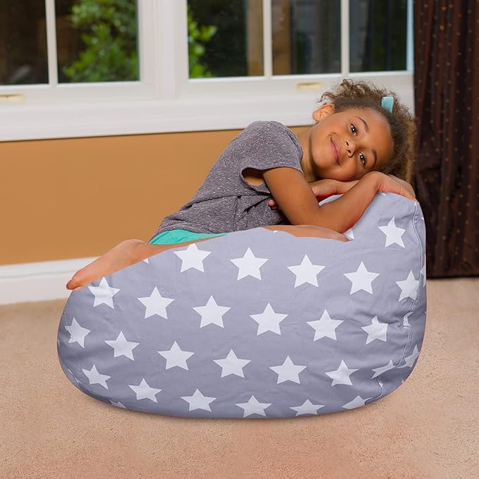 Posh Creations Bean Bag Chair for Kids, Teens, and Adults Includes Removable and Machine Washable Cover, Canvas White Stars on Gray, 27in - Medium - LeafyLoom