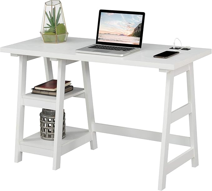 Convenience Concepts Designs2Go Trestle Desk with Charging Station and Shelves, White - LeafyLoom