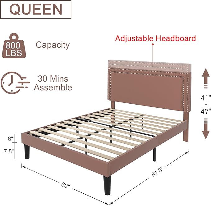 VECELO Queen Size Platform Bed Frame with Adjustable Upholstered Headboard, Modern Mattress Foundation,Strong Wood Slat Support, No Box Spring Needed, Easy Assembly - LeafyLoom