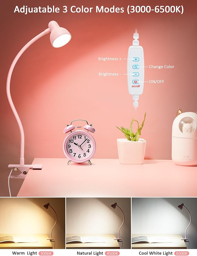 Pink Small Desk Lamp Clip on Reading Light for Bed 3 Colors 10 Brightness Dimmable Flexible Gooseneck Clip on Light for Bed Headboard College Dorm Room - LeafyLoom