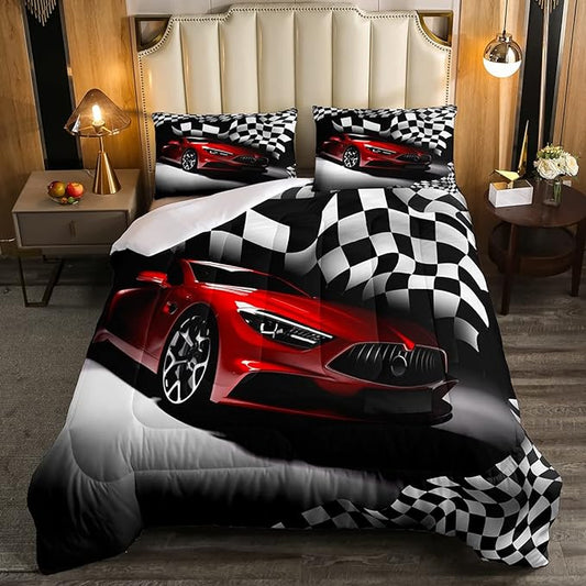 Erosebridal Race Car Bedding Set for Boys Twin Bed,Kids Teen Extreme Sports Car Comforter Set,Black White Checkered Grid Bed Comforter Set Retro Red Cool Vehicle Automobile Quilt Duvet 1 Pillow Case - LeafyLoom