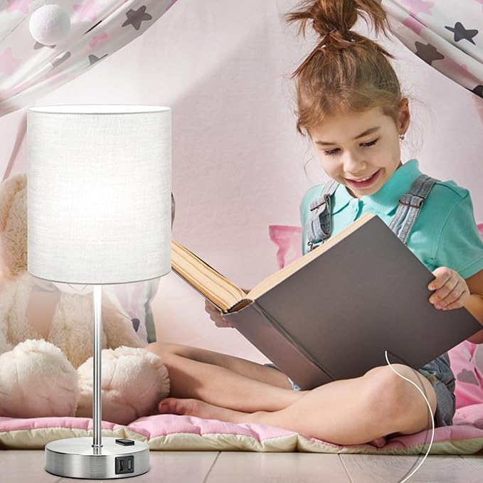 𝟮𝟬𝟮𝟯 𝗡𝗘𝗪 Set of 2 Touch Grey Table Lamps with 2 USB Ports & AC Outlet, 3-Way Dimmable Bedside Nightstand Lamps for Bedroom Living Room Nursery, 800 Lumens 5000K Daylight Bulbs Included - LeafyLoom