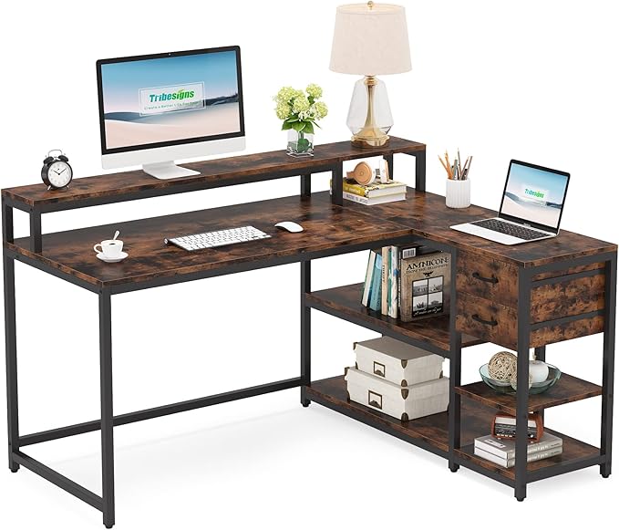 Reversible L-Shaped Computer Desk with hutch & Shelf,rustic - LeafyLoom