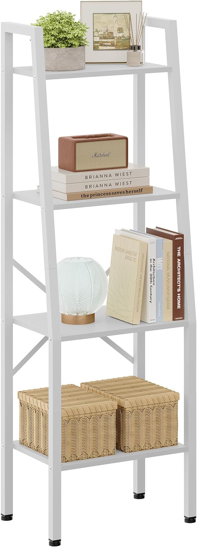 Hoctieon Ladder Shelf Bookcase, 4-Tier Ladder Bookshelf, Tall Bookshelf with Metal Frame, Industrial Bookshelf Ladder, for Living Room, Kitchen, Home Office, Bedroom, Simple Assembly, White - LeafyLoom