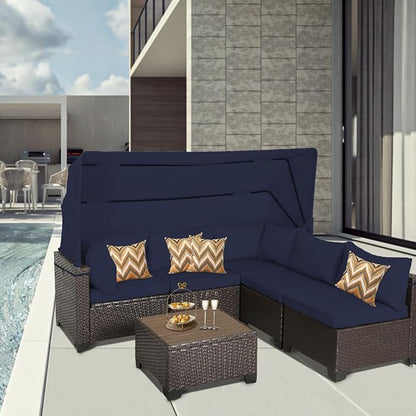 6 PCS Outdoor Patio Furniture Set,Sectional Sofa Set,Rattan Daybed with Retractable Canopy,Adjustable Backrest,Storage Coffee Table,Chaise Chair Sunbed for Garden Poolside Backyard(Navy Blue) - LeafyLoom