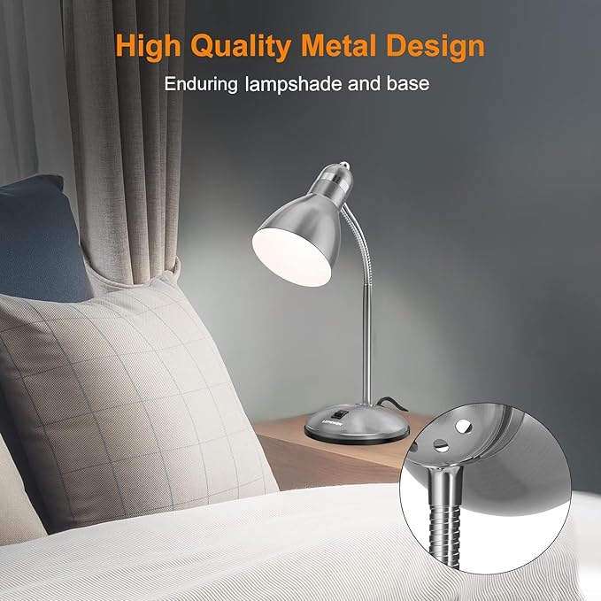 LEPOWER Metal Desk Lamp, Adjustable Goose Neck Table Lamp, Eye-Caring Study Desk Lamps for Bedroom, Study Room and Office (Silver) - LeafyLoom