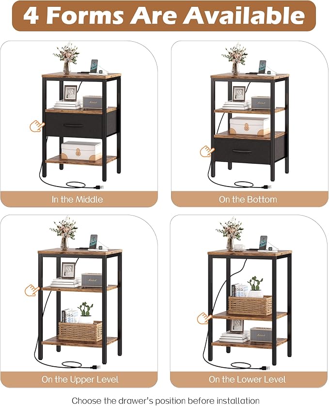 SUPERJARE Nightstand Set of 2, Bed Side Tables with Charging Station, Adjustable Fabric Drawer, Night Stand for Bedroom, 3-Tier Storage End Tables, for Living Room, Rustic Brown and Black - LeafyLoom