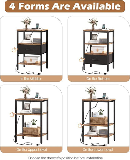 SUPERJARE Nightstand with Charging Station, Bed Side Table with Adjustable Fabric Drawer, Night Stand for Bedroom, 3-Tier Storage End Table, for Living Room, Rustic Brown and Black - LeafyLoom