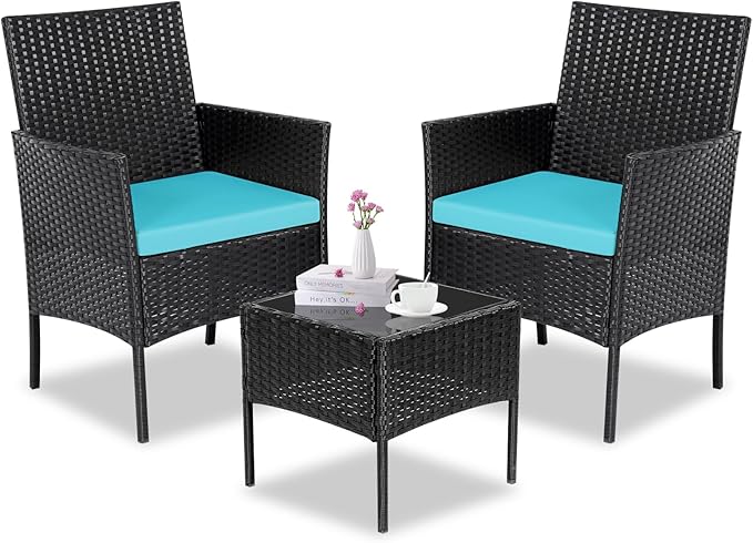 Patio Furniture Set 3 Pieces All-Weather Rattan Outdoor Furniture Patio Chairs with Tempered Glass Table for Porch Bistro Balcony Bistro Set(Black/Blue) - LeafyLoom