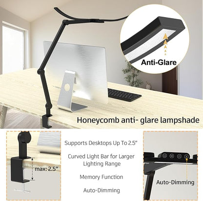 Architect Desk Lamp with Curved Light Bars, 33 Inches Long Wide Bright LED Desk Lamp with Clamp, 24W Dimmable Desk Light for Home Office Tall Swing Arm Table Light for Computer - LeafyLoom