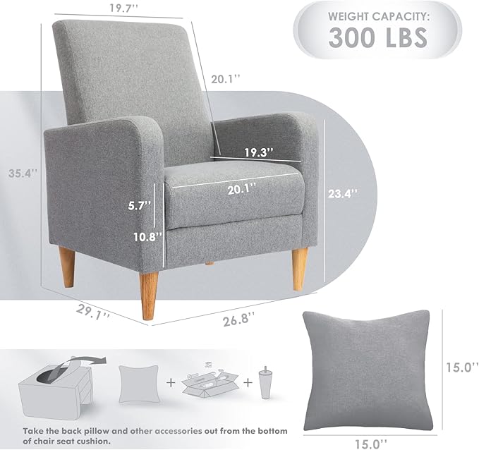 COLAMY Modern Accent Living Room Chairs Set of 2, Upholstered Fabric Armchair Reading Side Chair, Single Sofa with Back Pillow, Light Grey - LeafyLoom