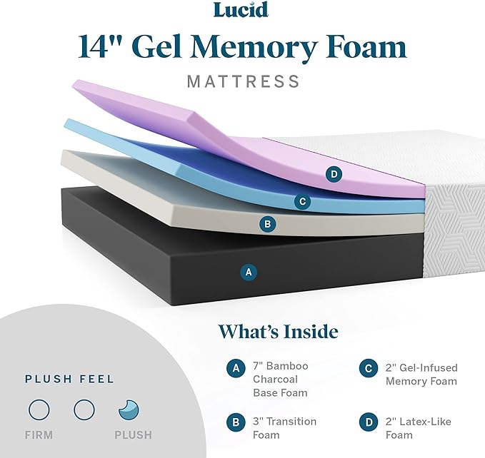 LUCID 14 Inch Memory Foam Mattress - Plush Feel - Memory Foam Infused with Bamboo Charcoal and Gel - Temperature Regulating - Pressure Relief - Breathable - Premium Support - Full Size - LeafyLoom