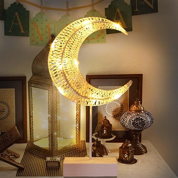 Rustic Moon Lamp for Ramadan Decor, Battery Operated Ramadan Lights for EID Mubarak Decorations, Office Desk, Cabinet, Bedroom Bedside Living Room Decor, Dining Centerpiece Table Decorations - LeafyLoom