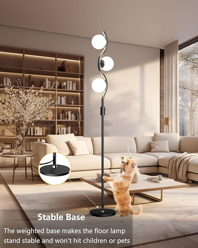 Lightdot 60IN Dimmable (Brightness Adjustable) Black Floor Lamp, Mid Century Standing Lamps with 3 Globe Soft Warm White Eye Care 3000K Bulbs Included, Modern Tall Lamp for Bedroom Office - LeafyLoom