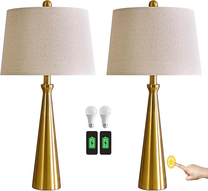 Oneach 25.75" 3-Way Dimmable Touch Control Modern USB Table Lamp Set of 2 for Living Room Bed Room Bedside Nightstand Lamps Fabric Shade Vintage Accent Light Gold Antique Brass - LeafyLoom