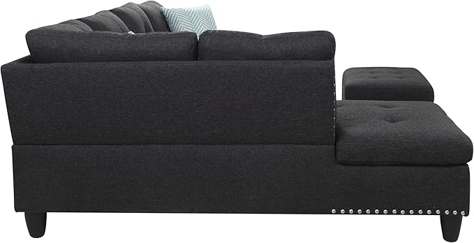 Sectional Sofa Set with Storage Ottoman, L Shape Linen Upholstered Modular Couch & Chaise Lounge, Flip-up Armrest Cup Holder, Furniture for Living Room Home Office, Gray, 98inch, Grey-3 - LeafyLoom