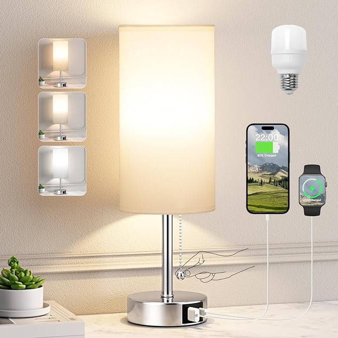 White Table Lamp for Bedroom Nightstand - Small Lamp with USB A + C Charging Port, 3 Color Temperatures Pull Chain Night Stand Light, Silver Base Desk Reading Lamp for Living Room - LeafyLoom