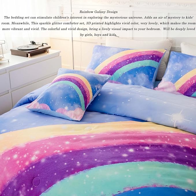 Sky Blue Teen Rainbow Comforter Set Queen Size for Girls, 6 Pieces Galaxy Gradient Bed in A Bag, 3D Galaxy Kids Bedding Comforter Sets with Comforter, Sheets and Pillowcases - LeafyLoom