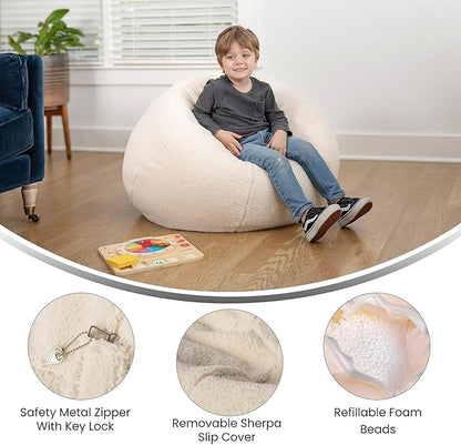 Flash Furniture Dillon Sherpa Bean Bag Chair, Classic Refillable Bean Bag Chair for Kids and Teens, Small, Natural - LeafyLoom