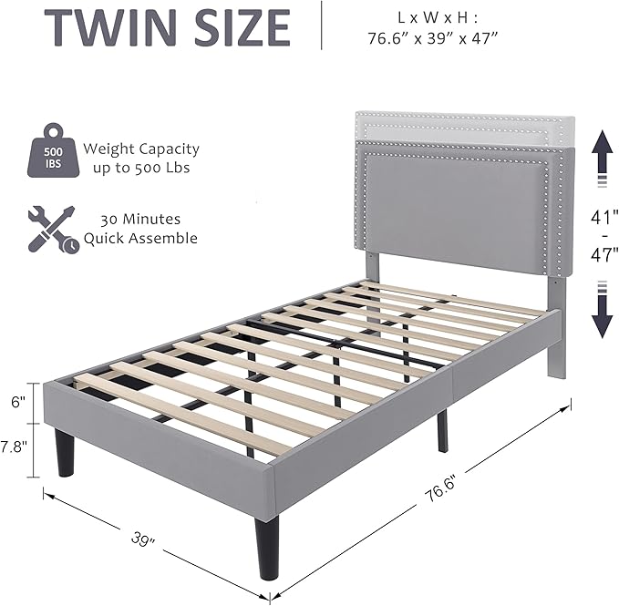 VECELO Twin Size Platform Bed Frame with Adjustable Upholstered Headboard, Modern Mattress Foundation, Strong Wood Slat Support, No Box Spring Needed, Easy Assembly - LeafyLoom