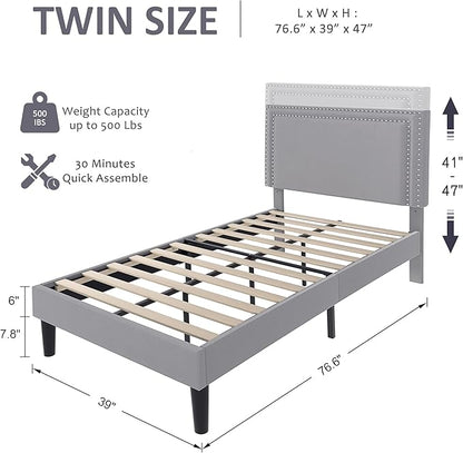 VECELO Twin Size Platform Bed Frame with Adjustable Upholstered Headboard, Modern Mattress Foundation, Strong Wood Slat Support, No Box Spring Needed, Easy Assembly - LeafyLoom