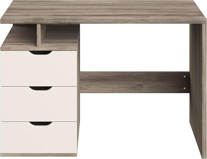 Lavish Home Contemporary Desk with Attached 3-Drawer File Cabinet for Home Office, Bedroom, Computer, or Craft Table, 43-Inch Long, White and Natural - LeafyLoom