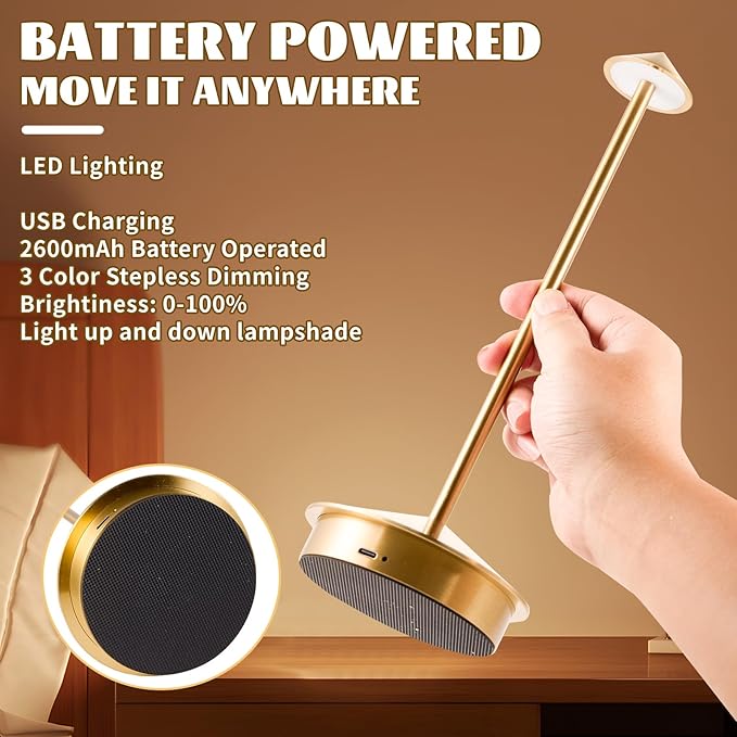 Rechargeable Battery Operated Desk Lamp with Touch Sensor Cordless Portable LED Table Lamp， Three-Level Dimmable Suitable for Bars/Cafes/Restaurants/Bedrooms/Camping Sites (Gold) - LeafyLoom